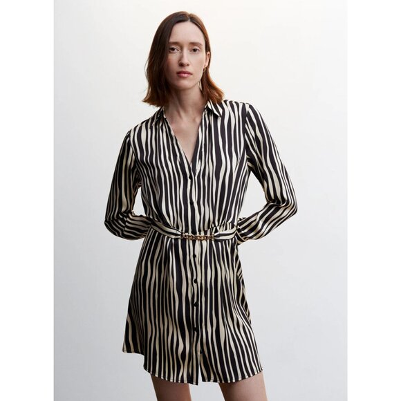 NWOT Mango Black & Cream Striped Satin Shirt‎ Dress XL - Picture 8 of 16